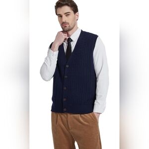 Kallspin XL navy Sleeveless Cable Knit Button Up Wool Blend Sweater Vest